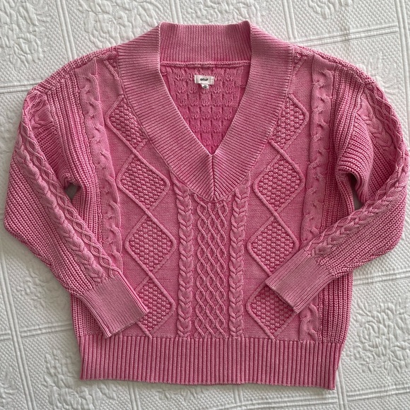 🩷Aerie Oversized Cable Knit V-Neck Sweater Barbie Pink XS Valentines - Picture 2 of 16
